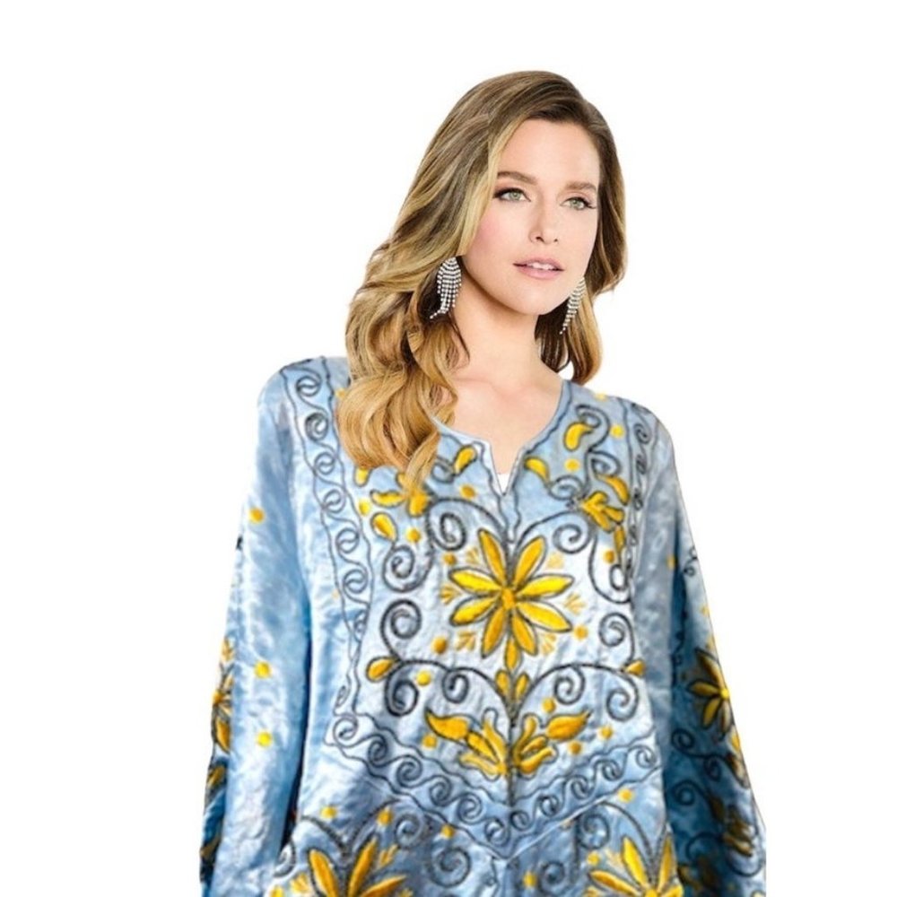 Dress gown kuftan fashion blue gold embroidered